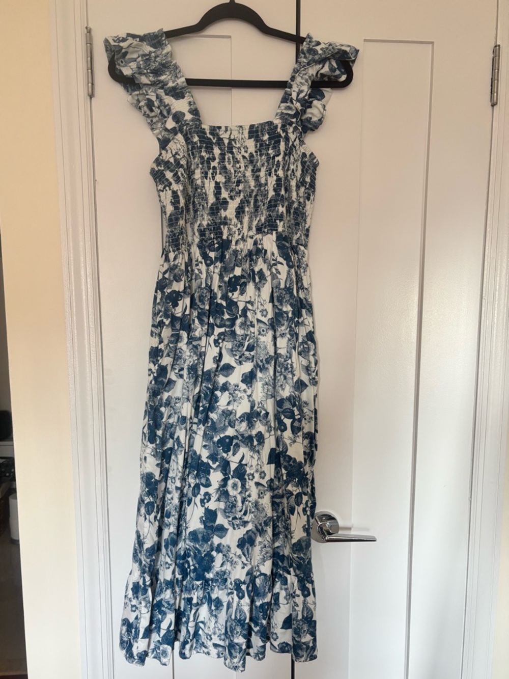 Ruffled Strap Smocked Maxi Dress in Blue and White Floral